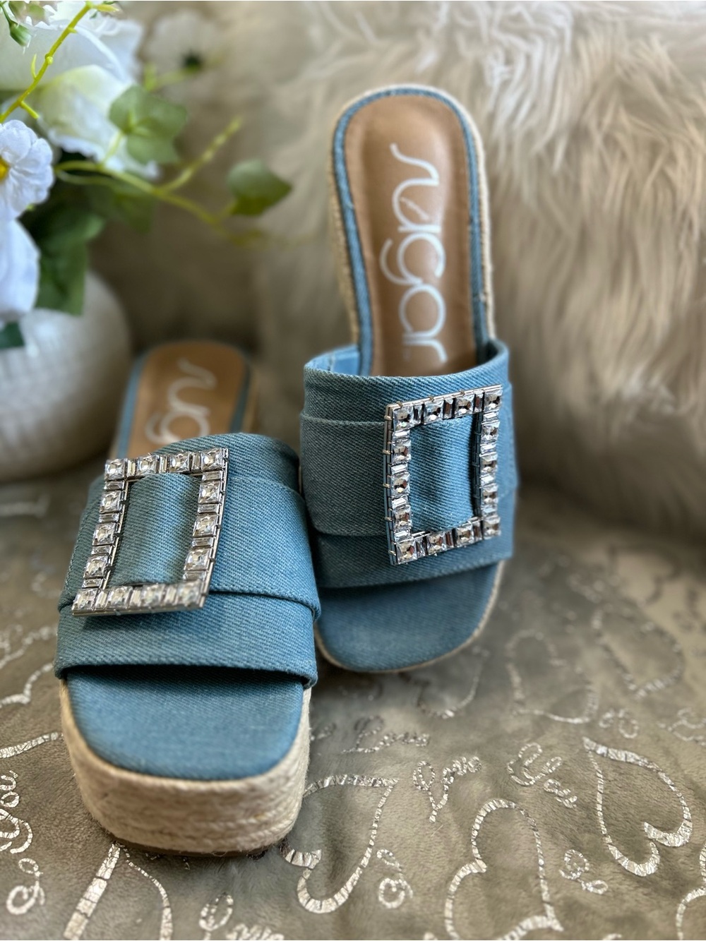 NEW Sugar 7M Blue Denim Espadrille Slide Sandals with Crystal Buckle